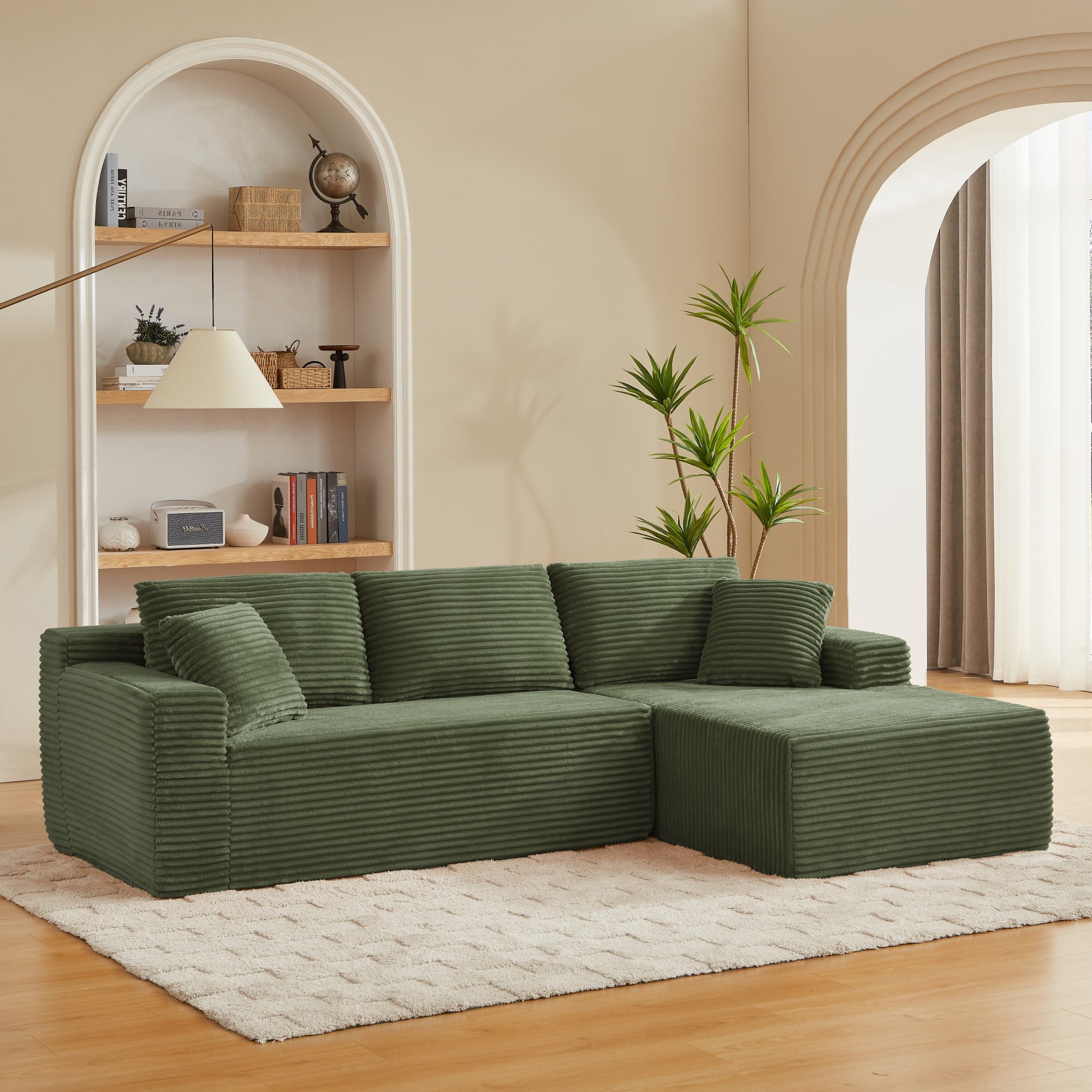 Aukfa 103" Modular Cloud Sectional Sofa, L-Shaped Boneless Couch with Right-Facing Chaise, Deep Seat Corduroy Sleeper Sofa for Living Room, Green