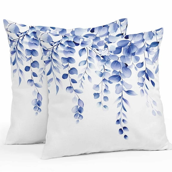 Outdoor Waterproof Pillow Covers Retro Blue Eucalyptus Leaves Decorative Throw Pillow Protectors for Patio Sofa Garden Couch,18x18in 2 Pack