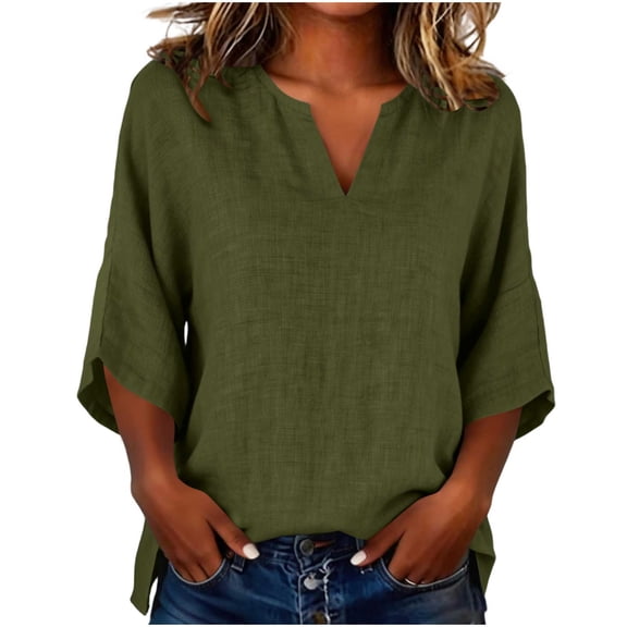 MaFYtyTPR Women's V-Neck Linen Top 3/4 Sleeve Collarless Casual Blouse Solid Loose Fit Three-Quarter Sleeve T-shirt for Daily Wear A-Army Green L