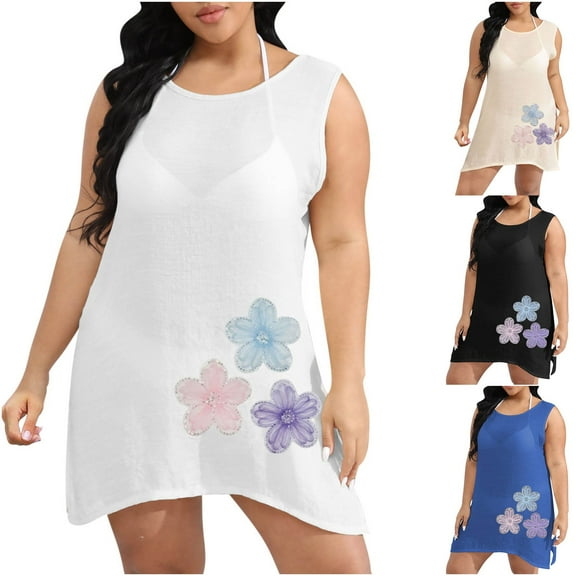 Axiiglly Bathing Suit Cover Up for Women Floral Printed Beach Cover Ups Plus Size Summer Sleeveless Swimsuit Coverups Hollow Out Silde Split Swimwear Casual Bikini Vacation Oufits