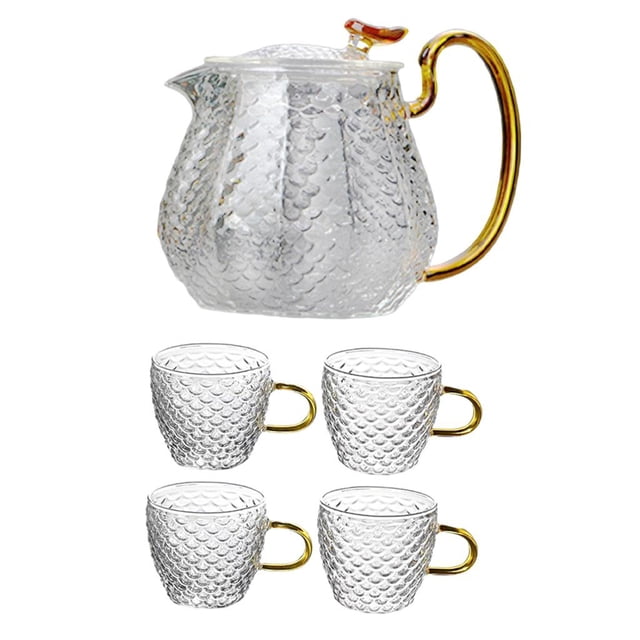 Juego de tetera de vidrio transparente con borosilicato alto para el hogar y la oficina 1xTetera + 4xTaza de té