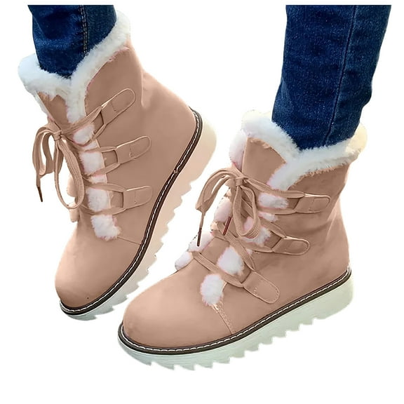 Womens Winter Fuzzy Mid Calf Combat Boots Fashion Casual Suede Thermal Plush Lined Platform Chunky Snow Boots Beige Size 6
