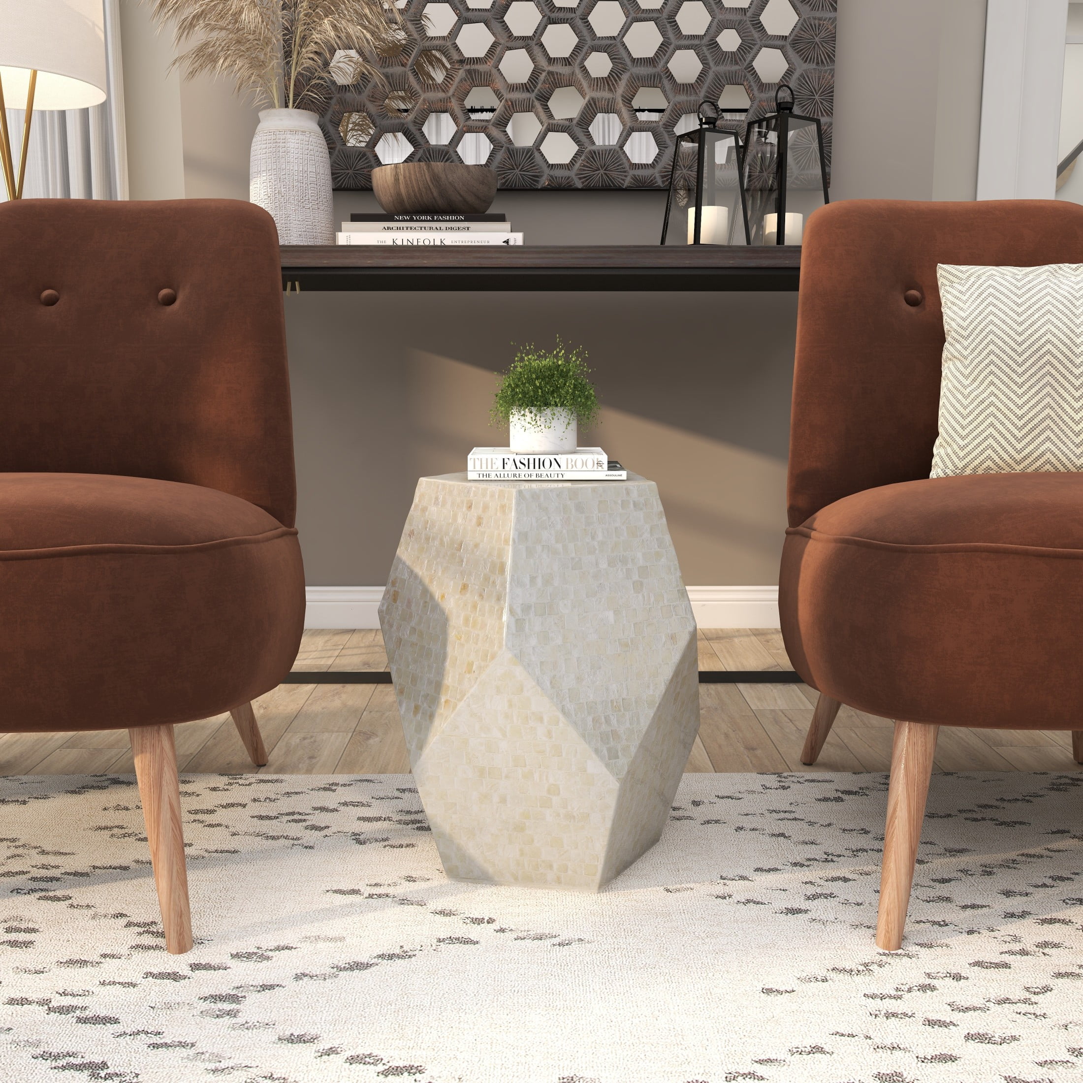 DecMode 16" x 19" Cream Mother of Pearl Shell Handmade Mosaic Inlay Geometric Accent Table, 1-Piece