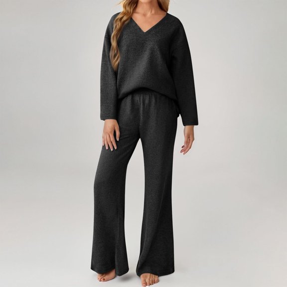 Women's V-Neck Two Piece Set, Oversized Pullover and Flared Pants, Loose Fit Lounge Set, Brushed Fleece Loungewear Outfit, Jogger Set Black L
