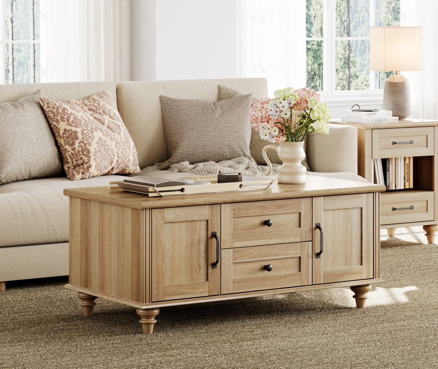 Farmhouse Coffee Table with Cabinet, Rustic Center Table with Hidden Storage Compartment for Living Room, Office, Natural Oak