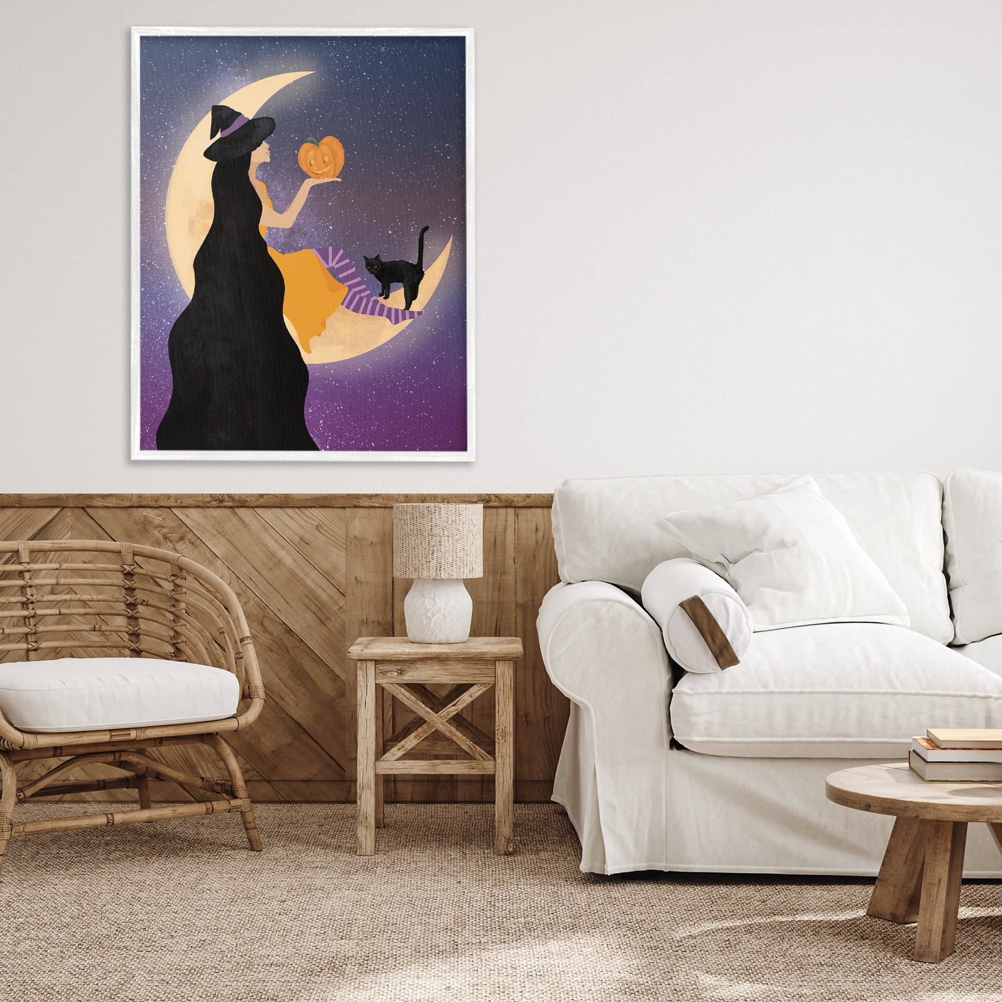 Stupell Industries Moonlit Witch Holding Jack-o-Lantern White Framed Giclee Art, design by Daniela Santiago