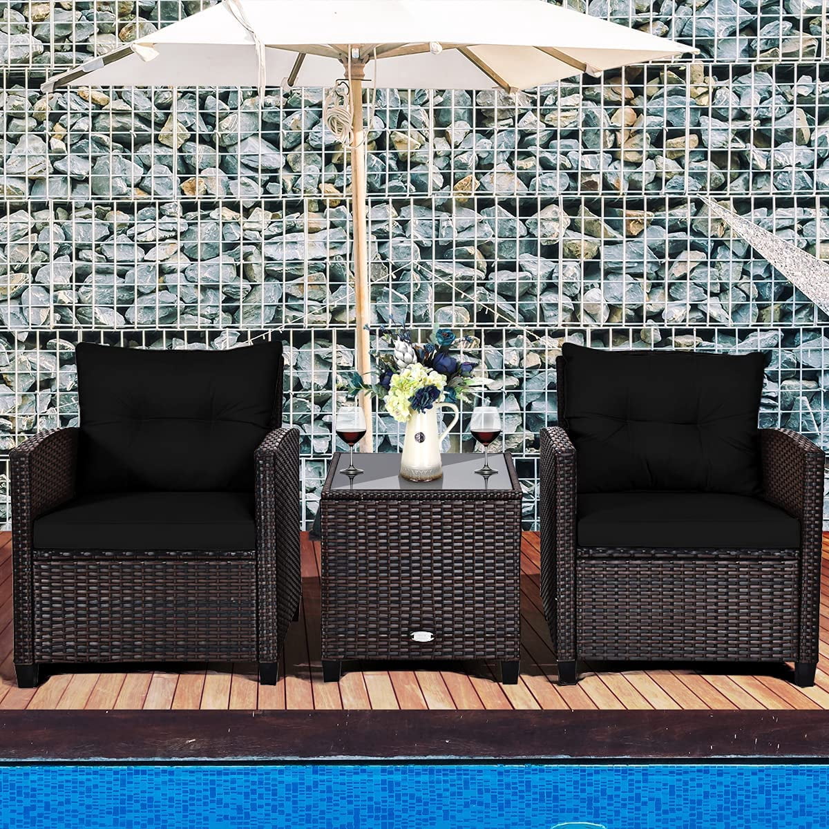 3 Pieces Patio Furniture Set, PE Rattan Wicker 3 Pcs Outdoor Sofa Set w/Washable Cushion and Tempered Glass Tabletop, Conversation Furniture for Garden Poolside Balcony (Black)