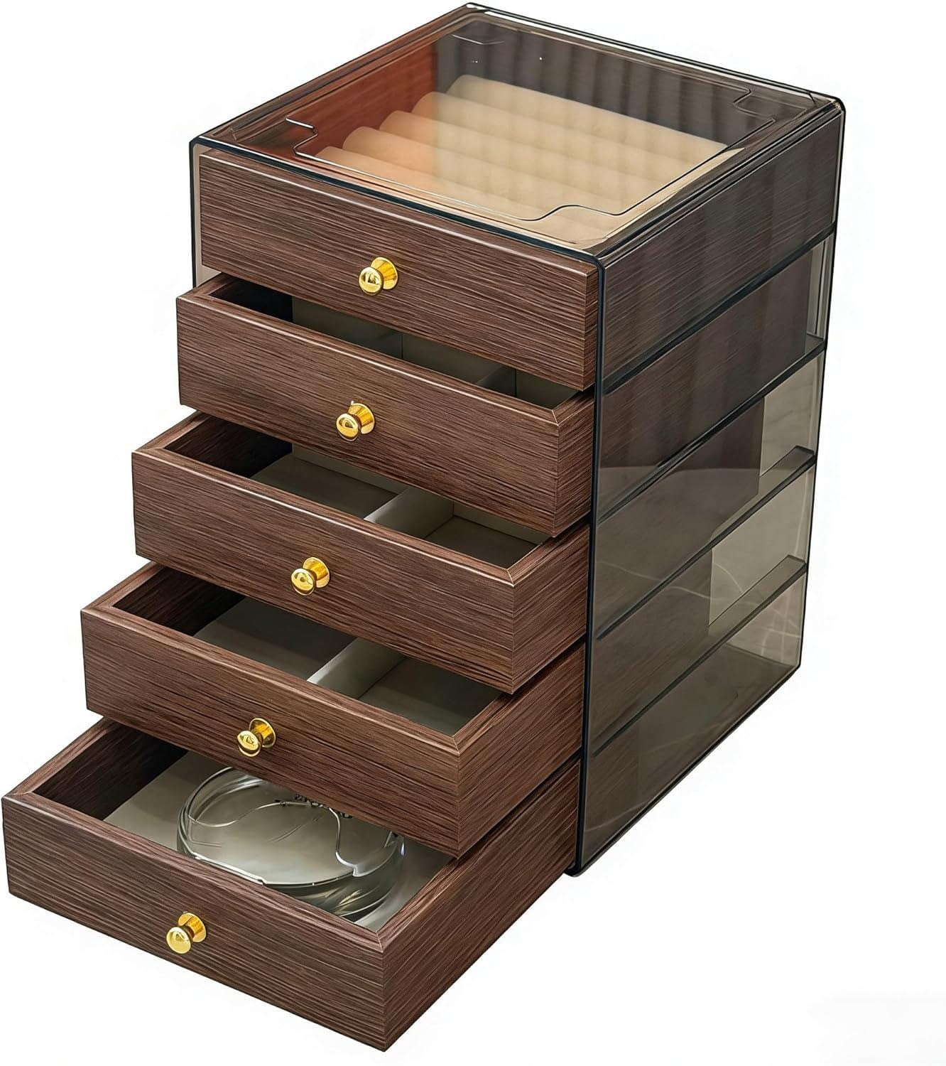 Cadancy Jewelry Organizer Box for Women 5 Layers Wooden Case Drawers Velvet Display Tray Ring Earring Necklace Bracelet Storage Holder
