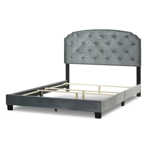 Glamour Home Arin Queen Bed with Button Tufting and Nail Head Trim in Gray