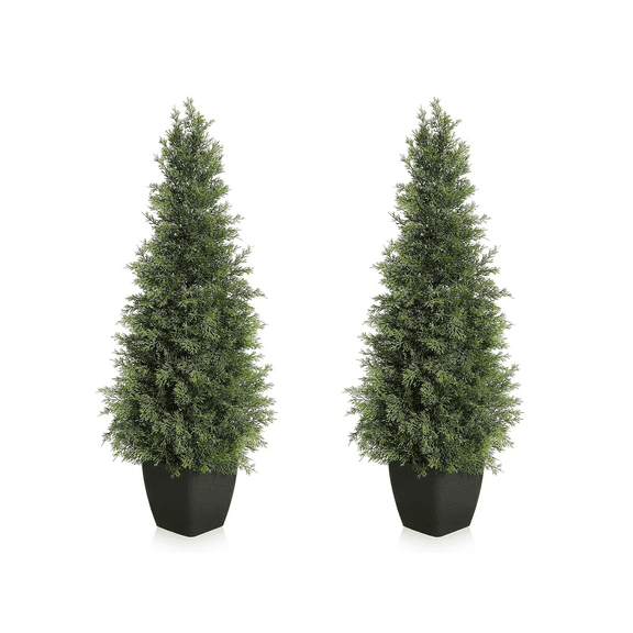 Artificial Cedar Topiary Tree for Outdoor,36 inch Tall Faux Cedar Trees,Potted Fake Cypress Plant, Artificial Plants Indoor Outdoor for Front Porch Decor, Set of 2
