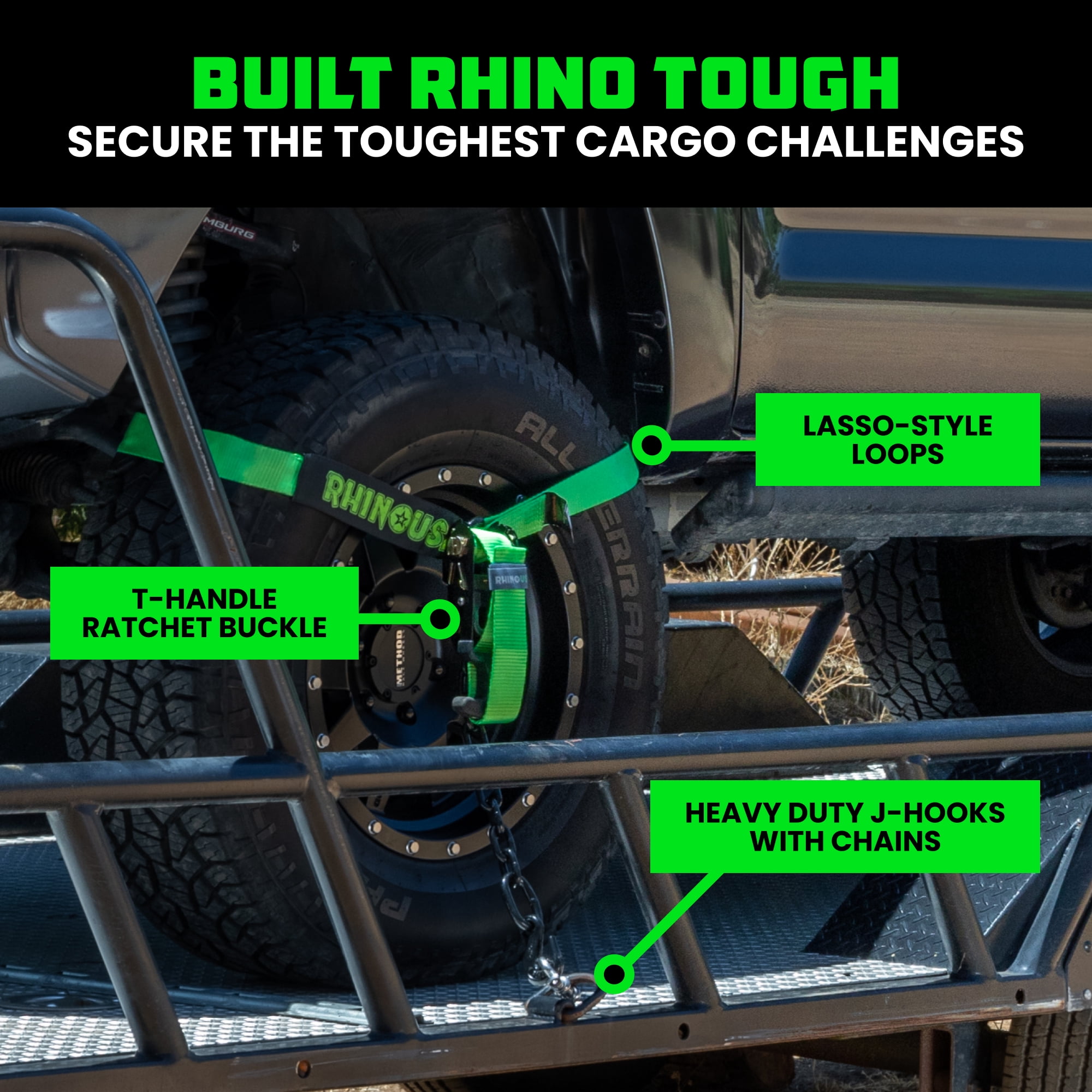 Rhino USA Heavy Duty 2" x 8' Car Tie Down Straps with J Hook - 10,000lb Break Strength (Green 4Pack)