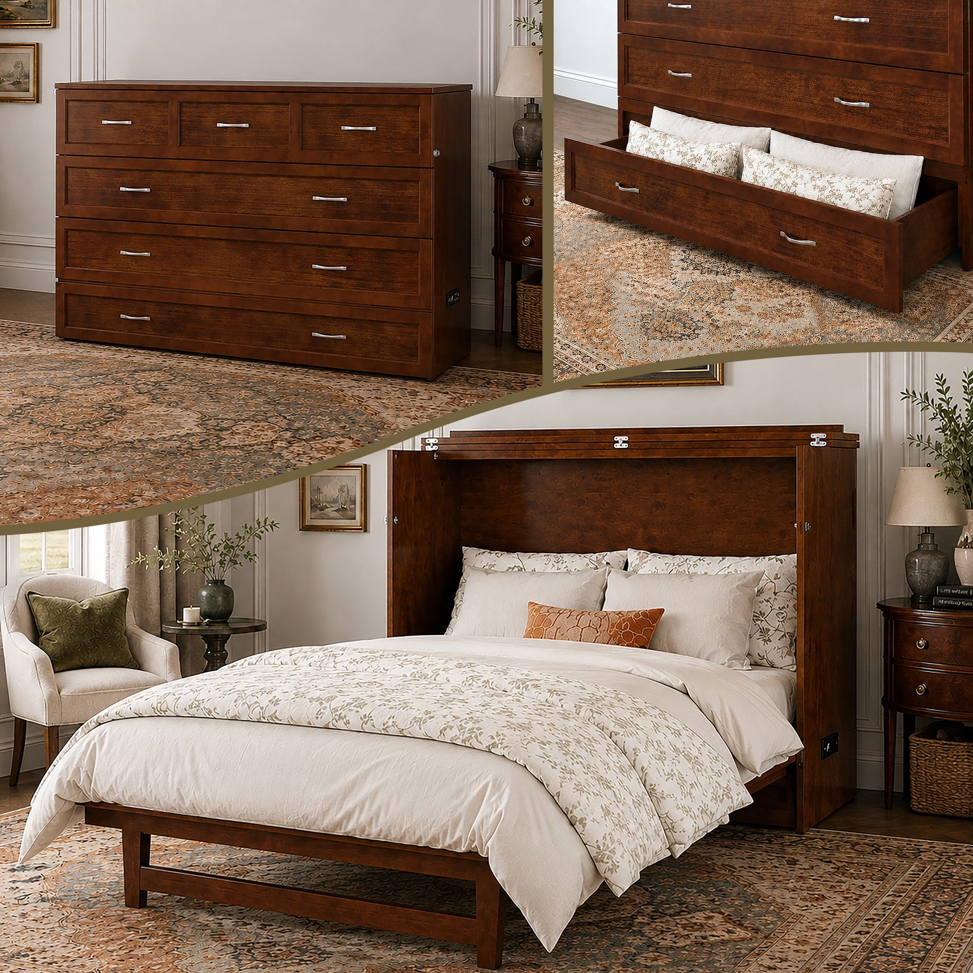AFI Northfield Queen Solid Wood Murphy Bed Chest with Mattress, Drawer & Charger, Walnut