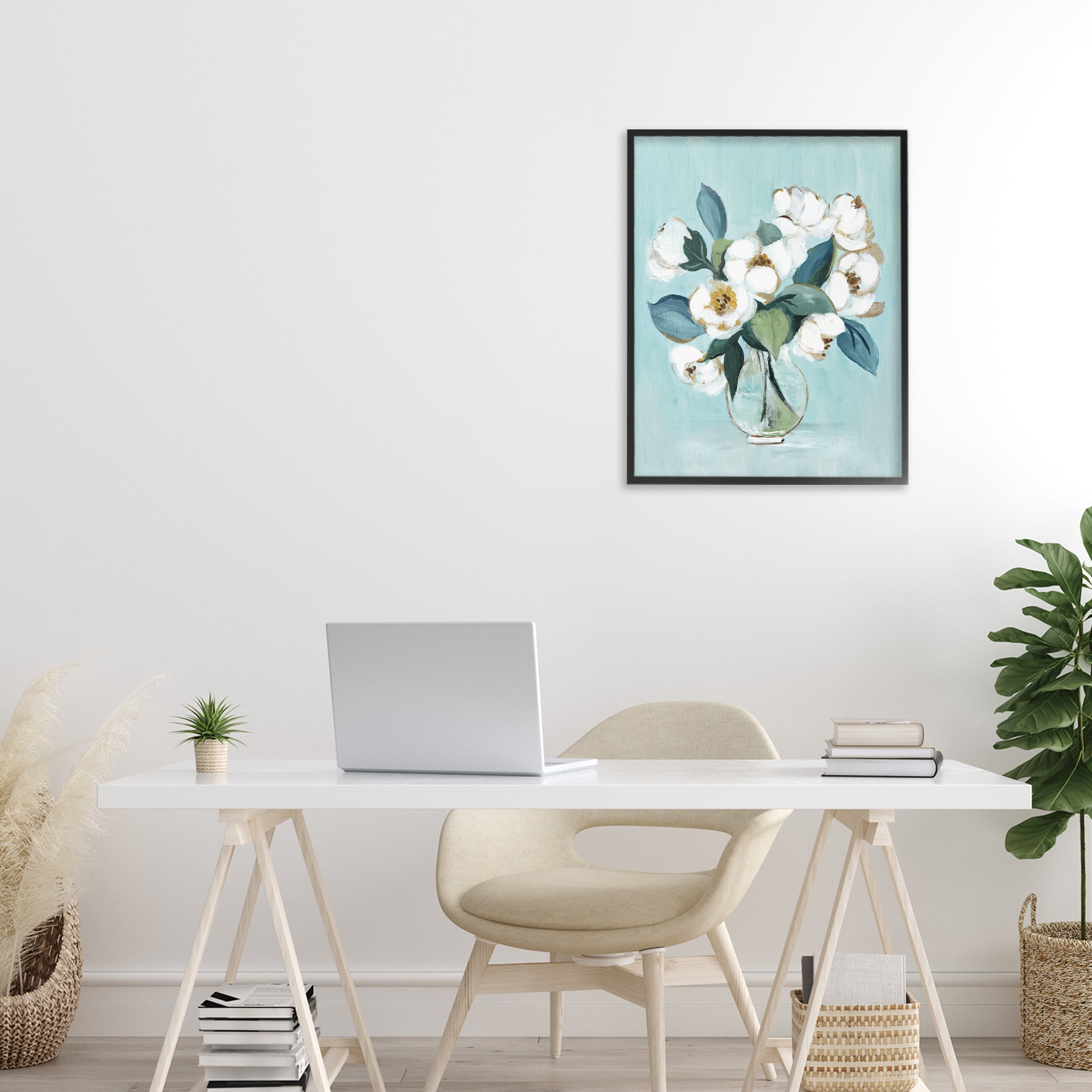 Stupell Industries Magnolia Arrangement over Blue Black Framed Giclee Art, design by Janet Tava