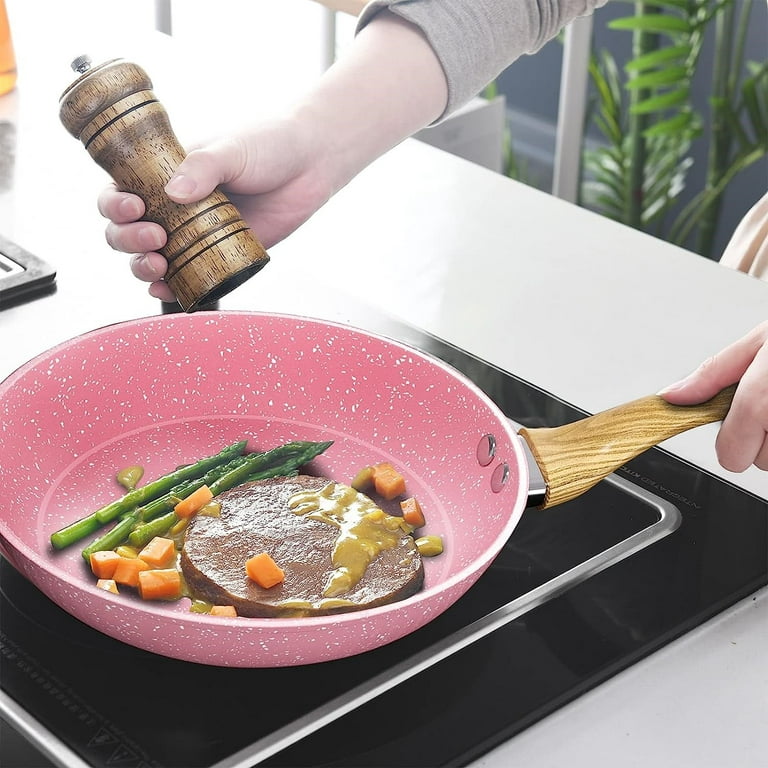 Frying Pan Nonstick, 9.5 Inch Pink Egg Pan, Non Stick Fry Pan 100% PTFE  PFOA-Free Omelet Pan, Toxin-Free Skillets Stone Cookware, Anti-Warp Base  with
