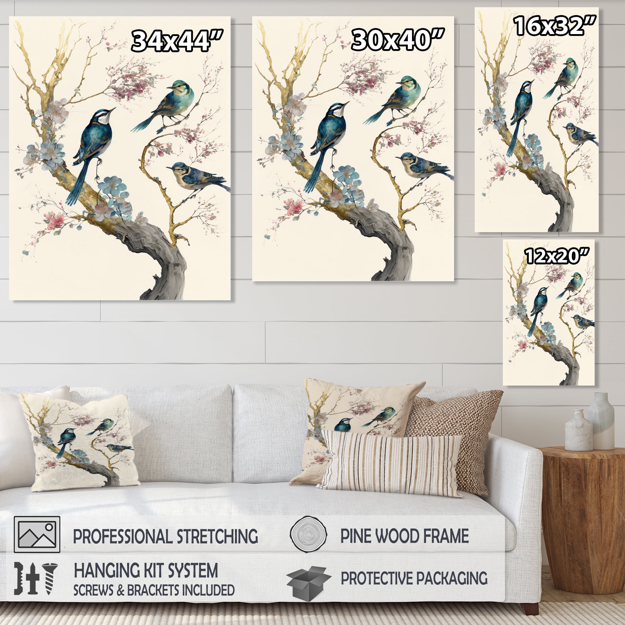 Designart Multicolor Birds On Plum Blossoms Tree XII Canvas Wall Art
