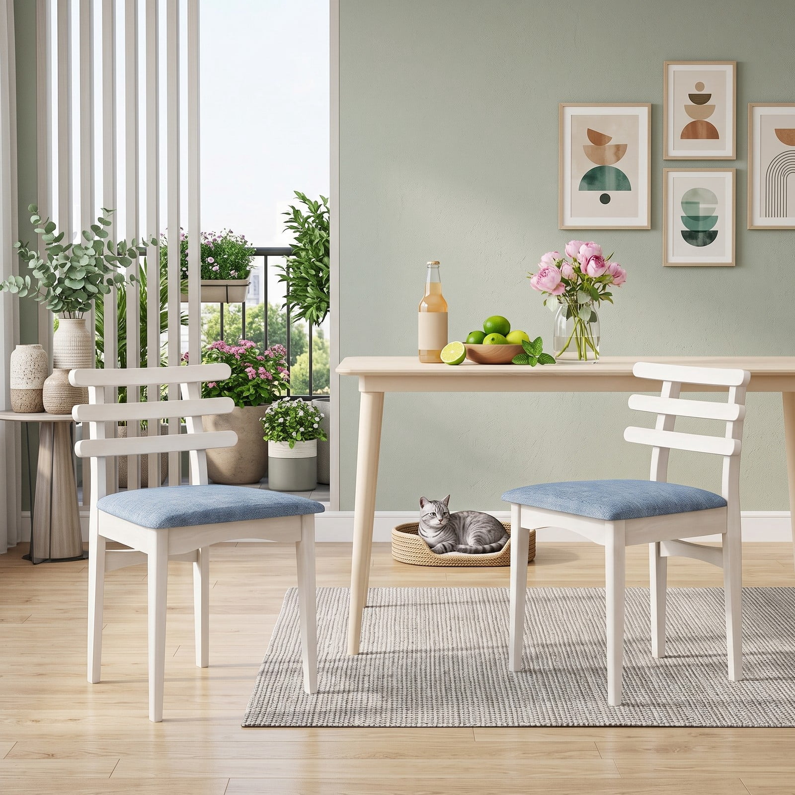 Furnibear Set of 2 Fabric Kitchen Dining Chairs, Upholstered Side Chairs with Rubber Wood Frame, Padded Polyester Seat and Ladder Backrest for Restaurant Home, White