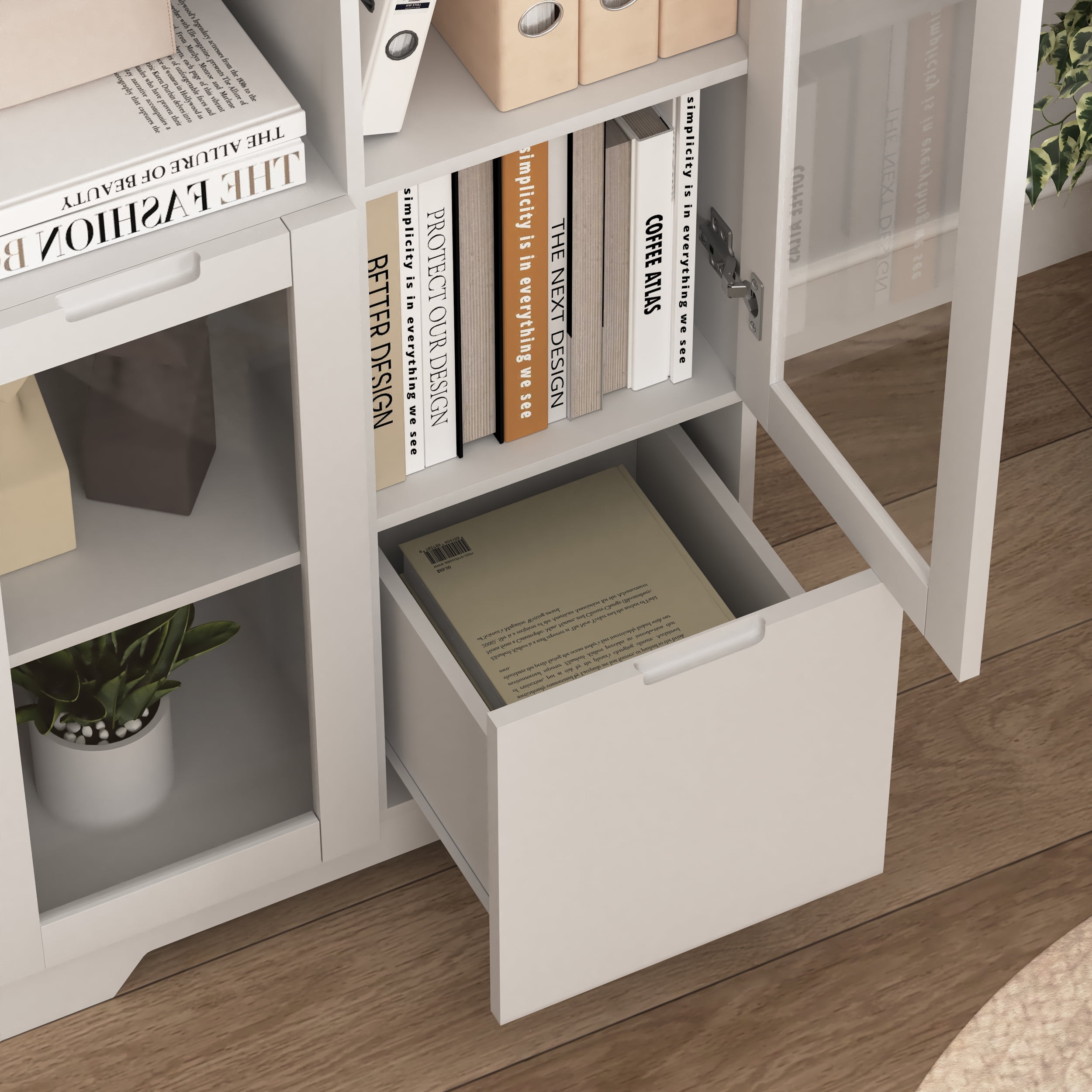 MAYEERTY White MDF Cabinet with Glass Doors & Drawer, Modern Storage Cabinet for Living Room & Bedroom, White