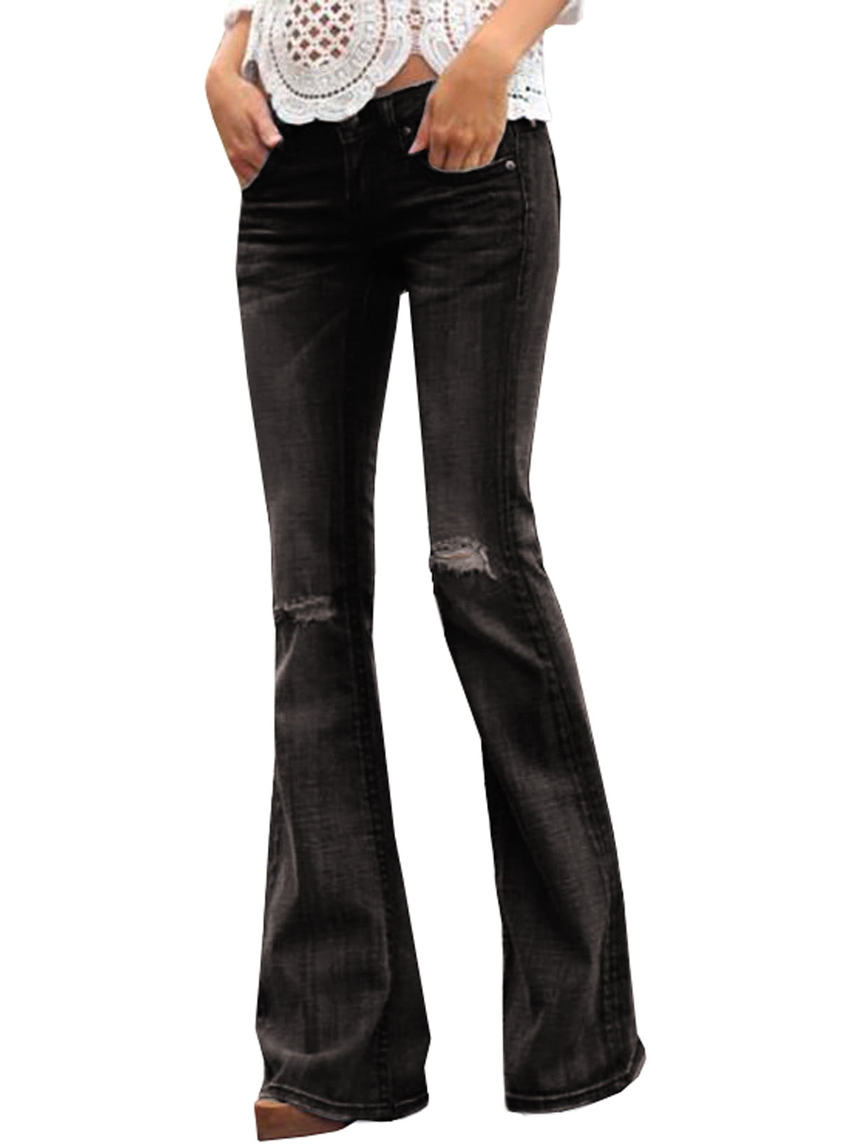 Blibea Bell Bottom Jeans for Women Mid Rise Ripped Flare Jeans Wide Leg Denim Pants