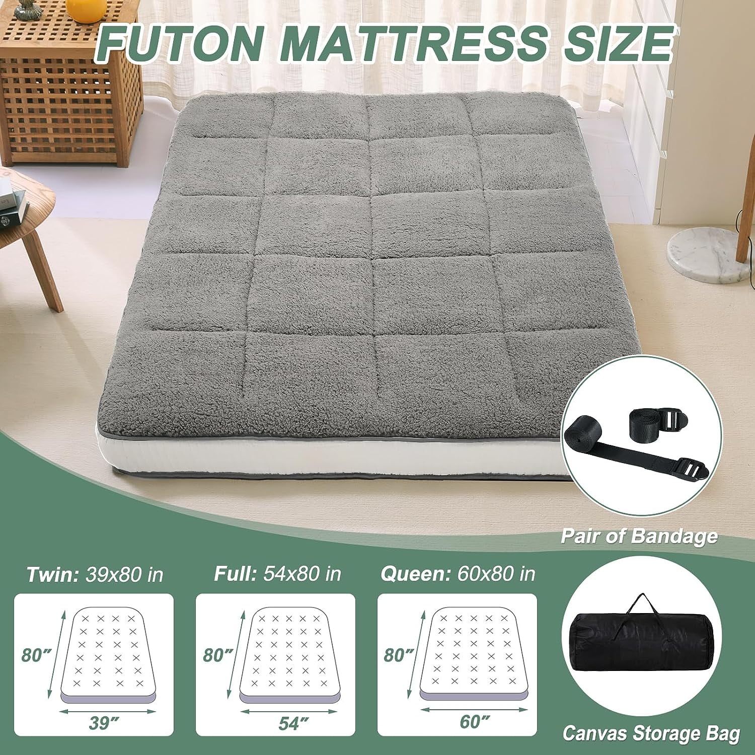 Slsy Winter Fleece Japanese Futon Floor Mattress, 4" Thick Fluffy Plush Reversible Shaggy Mattress, Cozy Sherpa Folding Roll Up Mattress, Fuzzy Faux Fur Sleeping Pad