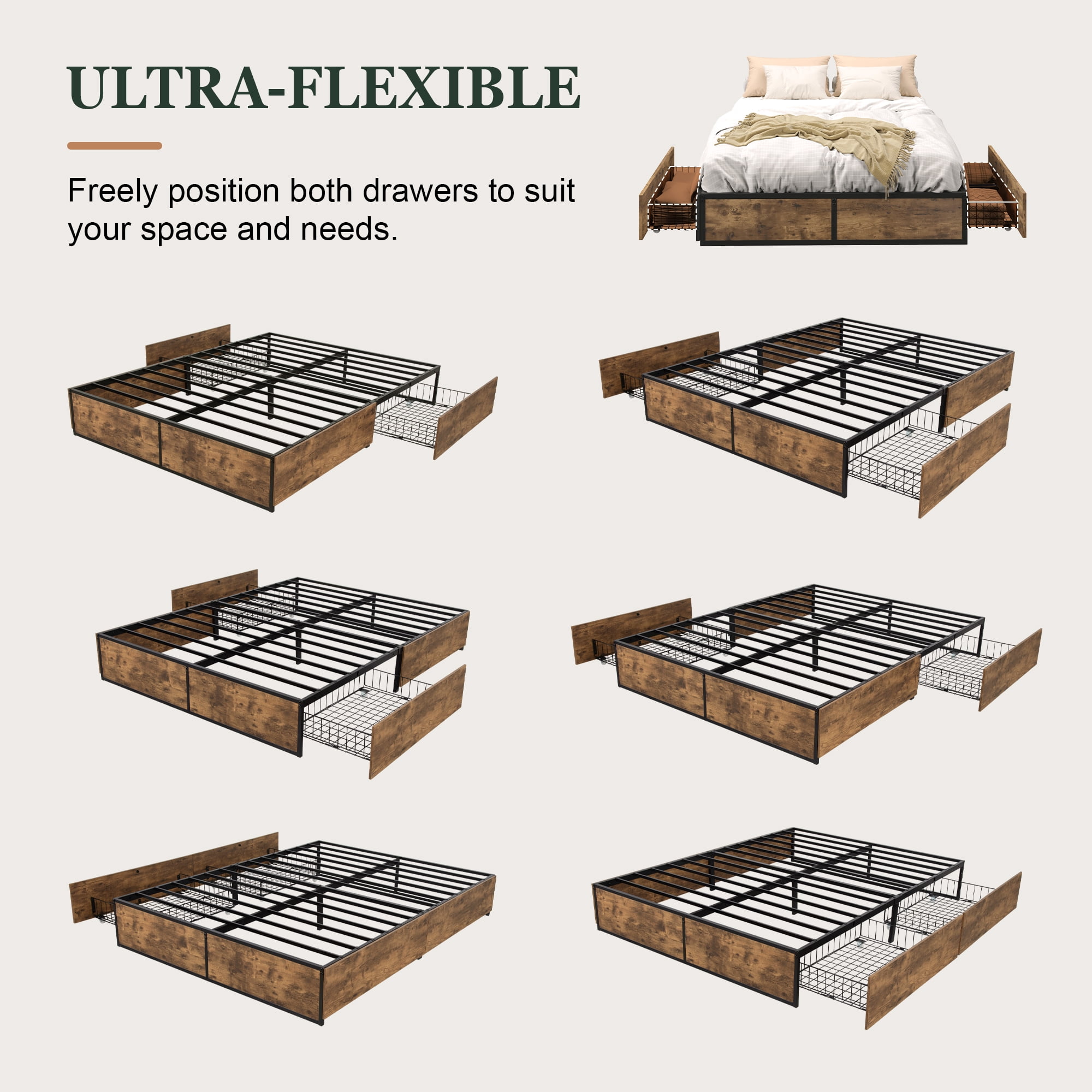Amolife Queen Bed Frame, Metal Storage Platform Bed with 2 Ultra-Flexible Drawers & Easy Assembly, Brown