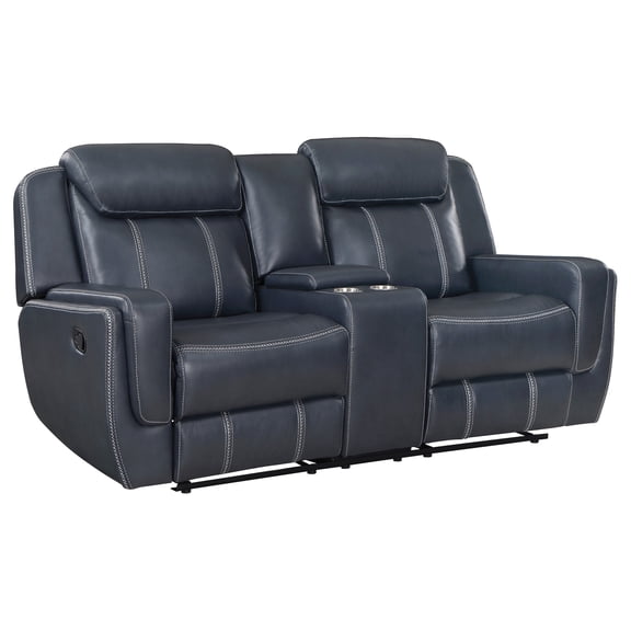 Living Room Blue - Dual Reclining Function & Solid Wood Construction Modern Style Faux Leather Breathable Upholstery Center Console Beauty