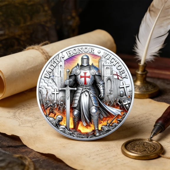 Hxlamzoo Sacred Knight Christ Protector Commemorative Coin Double-Sided Metal with Red Shield Religious Symbolism Gift for Men Collectors Display Spiritual Keepsake