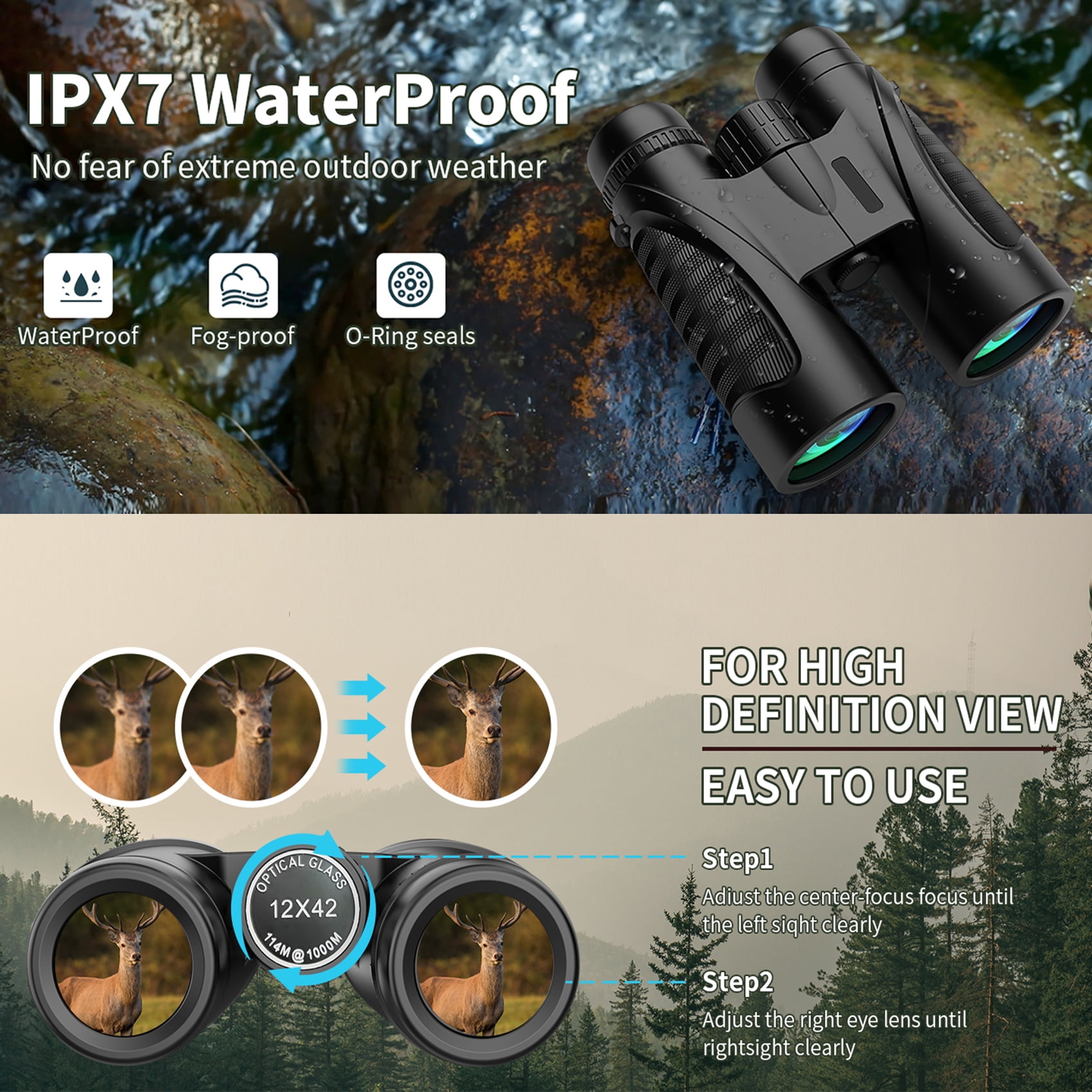 New 12x42 HD Binoculars for Adults and Kids BAK4 Prism Waterproof Binoculars for Bird Watching Hunting Hiking Safari Travel Sports