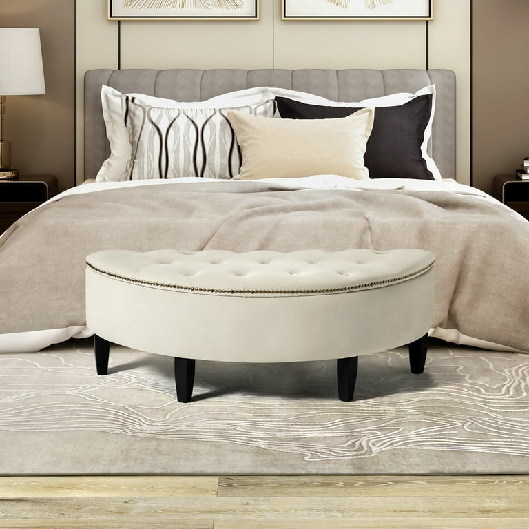 43.3 Inch Storage Bench Modern Upholstered Bed End Chair with Button Tufted Seat Cushion and Wood Legs Curved Storage Ottoman for Living Room