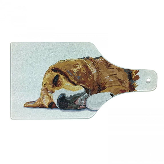 Beagle Cutting Board, Dog Sleeping Canine Friendly Animal Companion Puppy Love Illustration, Decorative Tempered Glass Cutting and Serving Board, Wine Bottle Shape, Cinnamon Brown White, by Ambesonne