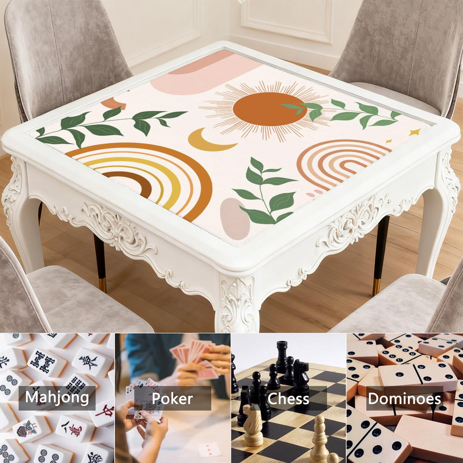 Boho Mahjong Mat for Table, 31.5*31.5in Anti Slip American Mahjong Table Cloth, Noise Reduction, Neoprene Mah jongg Mat with Carrying Bag & 3 Dices, Mahjong Accessories Gift for Board Tile Games Mats