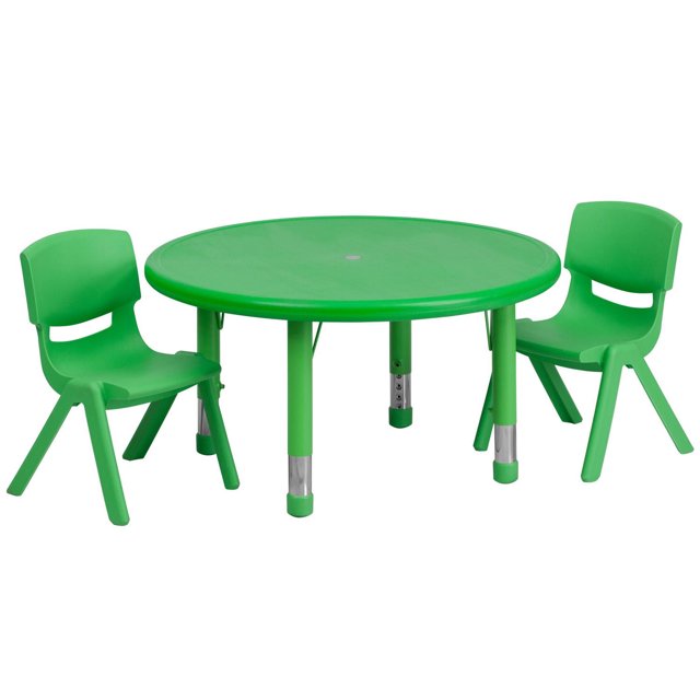45'' Round Green Plastic Height Adjustable Activity Table Set with 2 Chairs