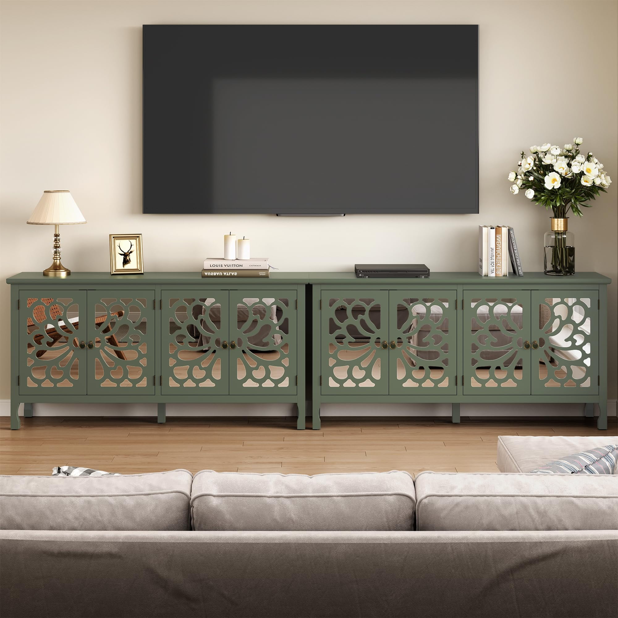 CozyHome 63" Carved Buffet Cabinet with Mirrored Door, Modern Console Cabinet with Storage and Adjustable Shelves, Wood Media Cabinet for Entryway, Living Room, Bedroom, Dining Room, Bathroom (Green)
