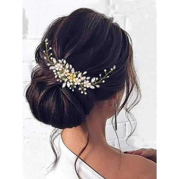 Wedding Flower Headband Gold Bridal Crystal Hair Accessories Rhinestone Pearl Hair Piece for Women and Girls