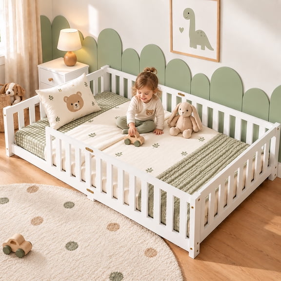 Sesslife Twin Montessori Floor Bed, Wood Twin Size Floor Bed Frame with Safety Guardrails and Slats, Low Profile Toddler Bed for Kids Boys and Girls, No Box Spring Needed, White