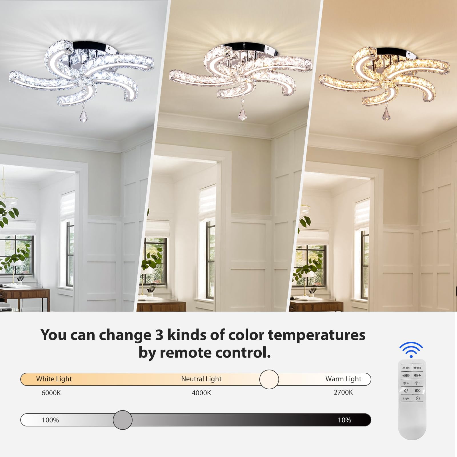 FRIXCHUR Modern Dimmable Crystal Led Ceiling Light 5 Arms Acrylic Crystal Chandeliers Stainless Steel Pendant Light
