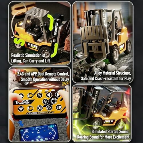 Mini Montacargas a Control Remoto, 1:64 Scale Remote Control Forklift Cranes with Hook,Fork,Pallets 2.4GHZ Remote Control & App Control,Rc Construction Vehicles for Birthday Gift