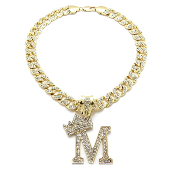 iJewelry2 Kings and Queens Crowned Initial Letter M Crystals Pendant Gold-tone Cuban Linked Chain Necklace