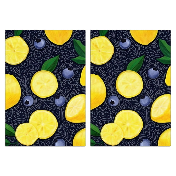 2 Pcs Funny Kitchen Towels,Yellow Lemon Blueberries DarkBlue Pattern Microfiber Dish Towels,Kitchen Tea Towels,Kitchen Towel Set (18" X 26")