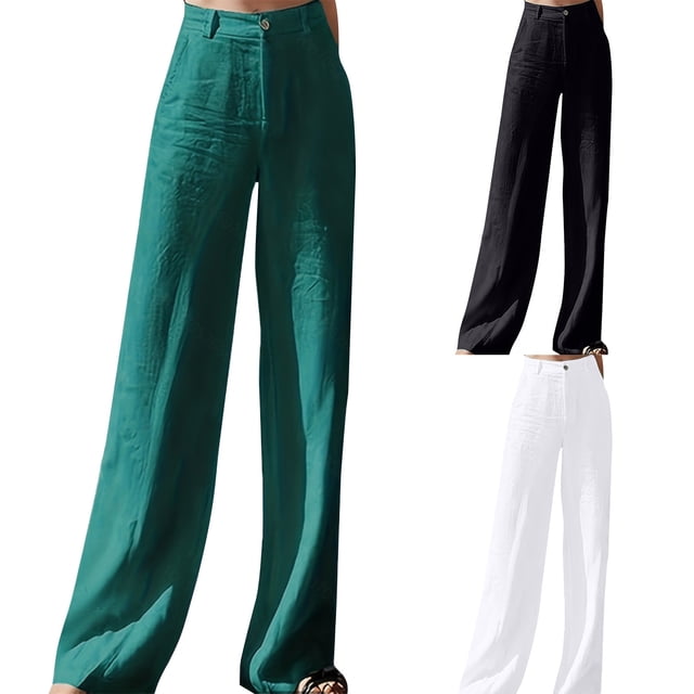 Sentmoon Work Pants Women Solid Color High Waist Petite Linen Pants for Women Oversized Relaxed Fit Straight Leg Active Summer Pants Women with Pocket Beach Items for Lounge and Sleep