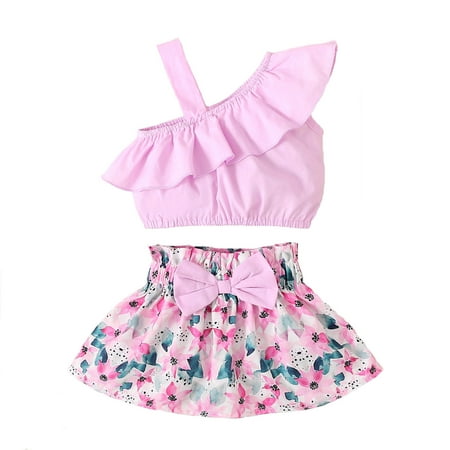 

Darzheoy Toddler Baby Girls Fashion Off Shoulderr Ruffles Suspenders Top Flowers Print Skirt Suit Girls Summer Sets On Sale