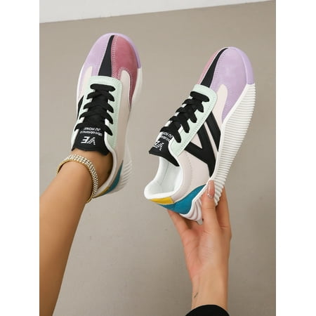 

Sporty Running Shoes Women Colorblock Letter Graphic Lace Up Front Pu Sneakers Women‘s Footwear