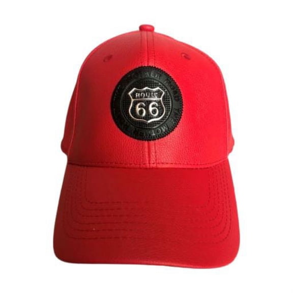 Faux Leather Route 66 Baseball Caps With Metal Logo - Red Color - Uni-Sex Style -- FREE USA Shipping--(7508-121r)