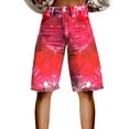 thumbnail image 2 of Stephy Flare Denim Shorts for Women Wide Leg Denim Shorts Woman Vintage Floral Print High Waisted Straight Stretch Pants with Pockets, Pink, XL, 2 of 4