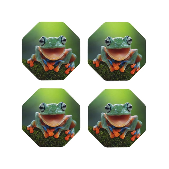 Vsdgher Tree Frog Print Leather Coasters for Drinks, Durable Drink Coasters 4 Set for Tabletop Protection, Luxurious Home Décor and Housewarming Gift-Octagon
