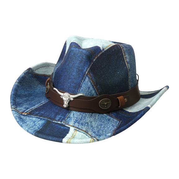 Avaner Denim Patchwork Wide-Brimmed Hat For Women Men: Western-Style Hat With Leather Strap And Bull's Head Decoration