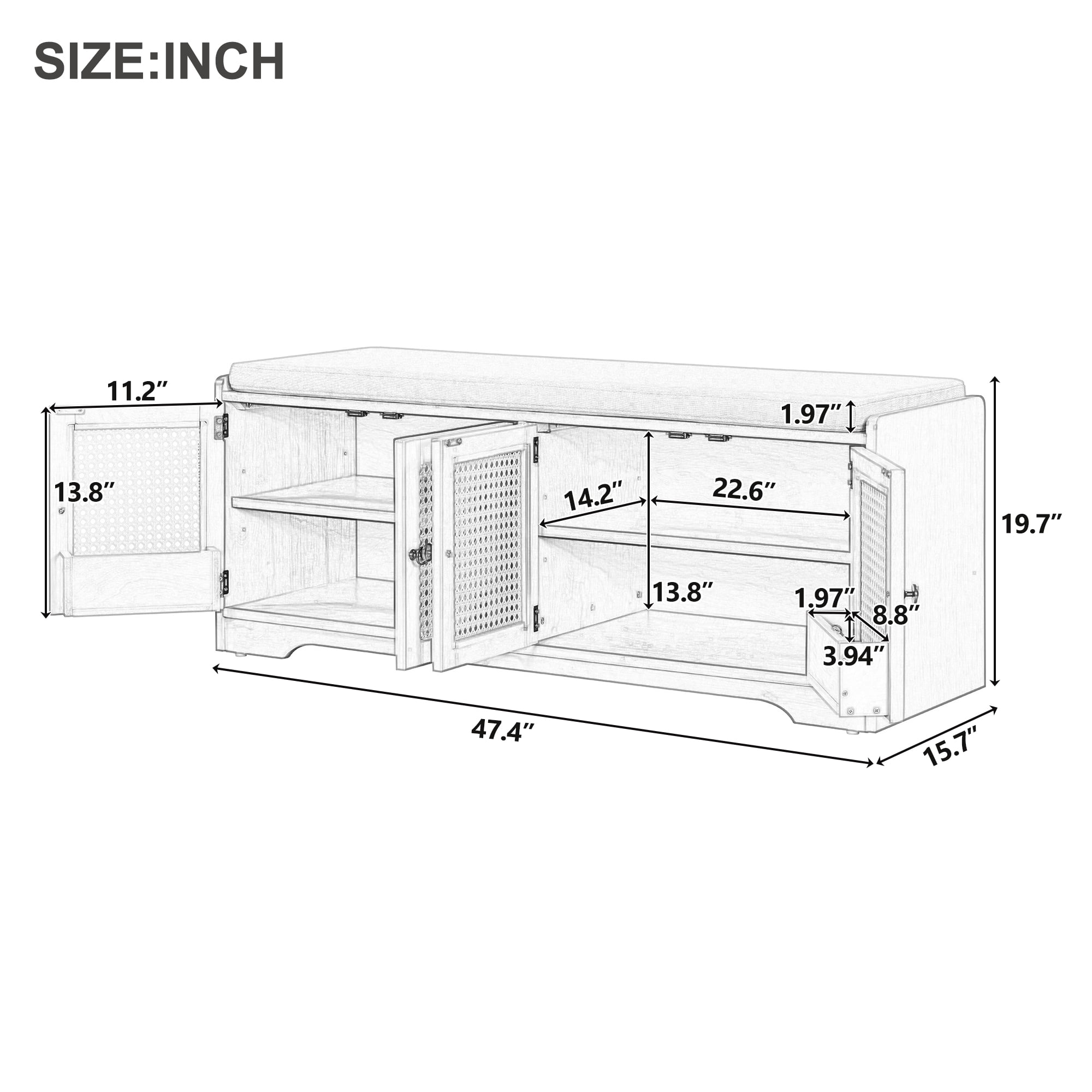 TREXM Rustic Storage Bench Multifunctional Wood Entryway Shoe Bench with Removable Cushion, Woven Rattan Doors & Adjustable Shelves for Hallway, Living Room (White+Beige )