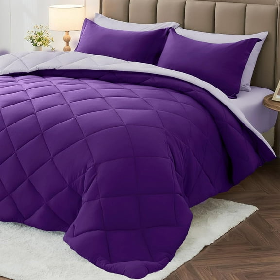 7 Pieces Queen Comforter Set, Reversible Bed in a Bag Queen Size, All Season Bedding Set with Comforter, Flat Sheet, Fitted Sheet, Pillowcases & Shams, Purple & Lavender