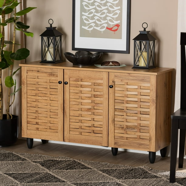 Baxton Studio Winda Modern And Contemporary Oak Brown Finished Wood 3 Door Shoe Cabinet Com 3 Door Shoe Cabinet, Baxton Studio Shoe Cabinet With 3 Doors