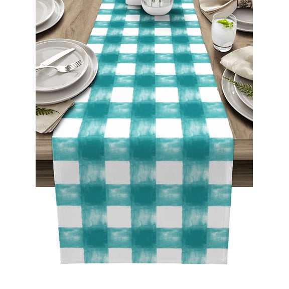 Hokiten Table Runners 70 Inches Long Dress Scarves, Turquoise Buffalo Check Farmhouse Coffee/Dining/Kitchen Table Decor, Holiday Table Runner, Farmhouse Modern Teal Plaid 13x70 Inch