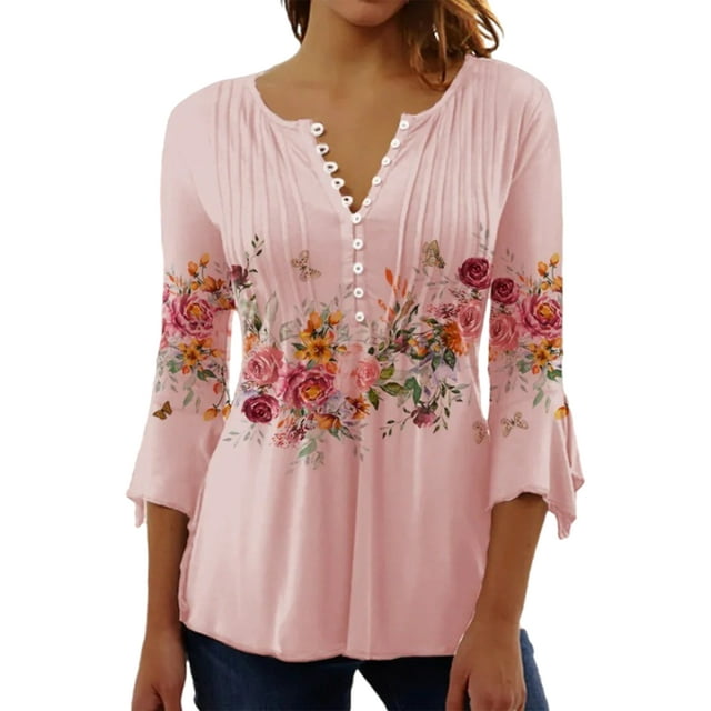 MAWCLOS Ladies Summer Tops Floral Print T Shirt V Neck T-shirt Breathable Holiday Button Tee Pink 2XL